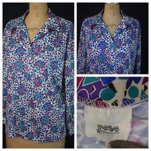 vtg 70s NIKKI Mod Geometric Poly Blouse Shirt Top